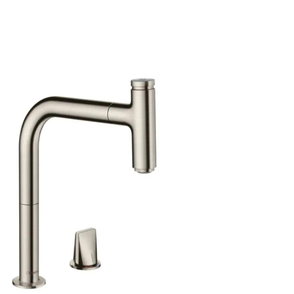 Hansgrohe Küchenarmatur mit einem seitlich angebrachten Hebel und einem Ausziehauslauf in Edelstahl-Optik. Kompakte Bauform für den Einsatz in modernen Küchen.